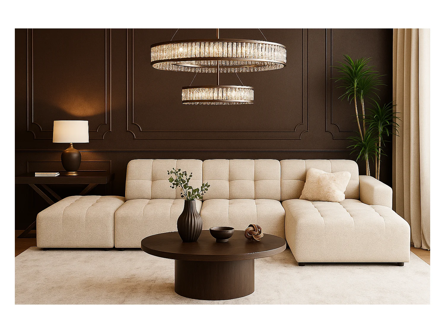 Ecksofa rechts mit Hocker/Pouf Bergamo B– Stoff Raven  24 creme, 341×166×70 cm