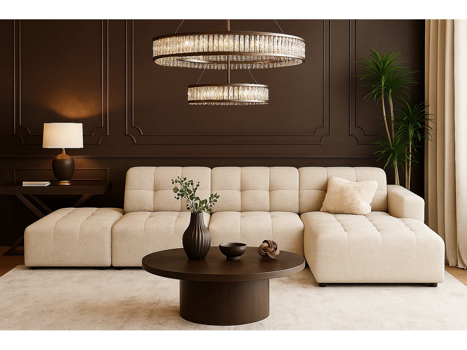 Canapé d’angle droit avec pouf Bergamo B – tissu Raven 24 crème, 341×166×70 cm