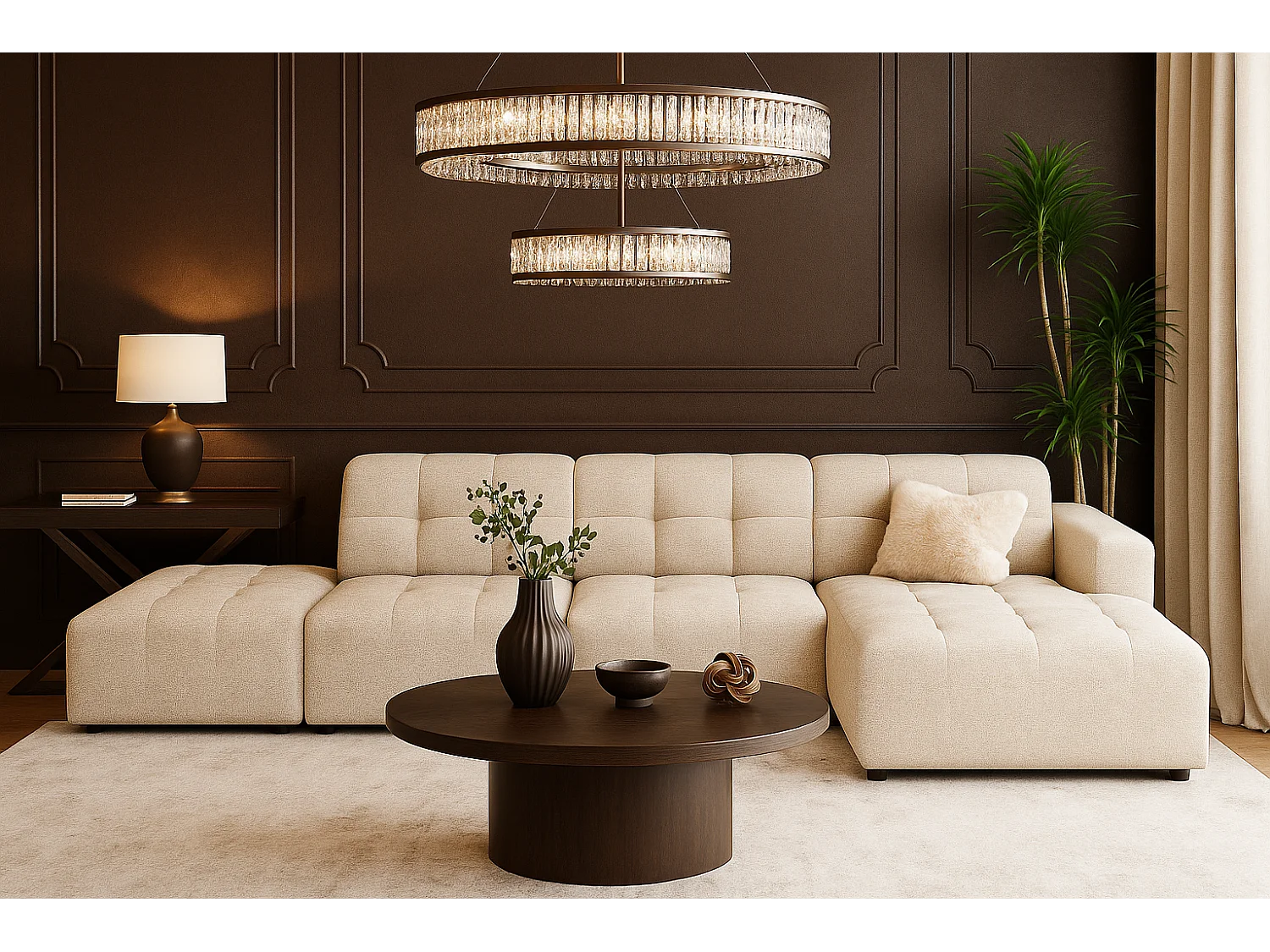 Hoekbank rechts met poef Bergamo B– stof Raven   24 crème, 341×166×70 cm