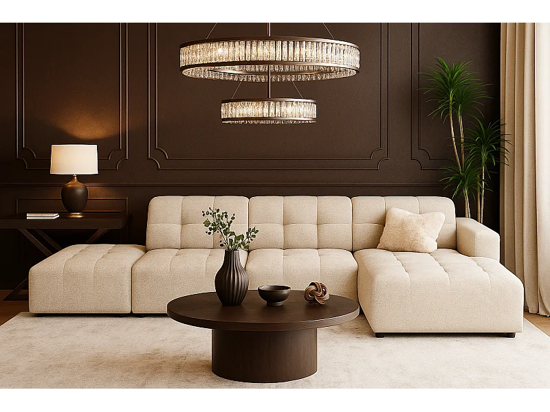 Canapé d’angle droit avec pouf Bergamo B – tissu Raven 24 crème, 341×166×70 cm