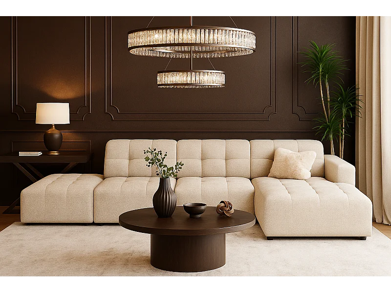 Canapé d’angle droit avec pouf Bergamo B – tissu Raven 24 crème, 341×166×70 cm