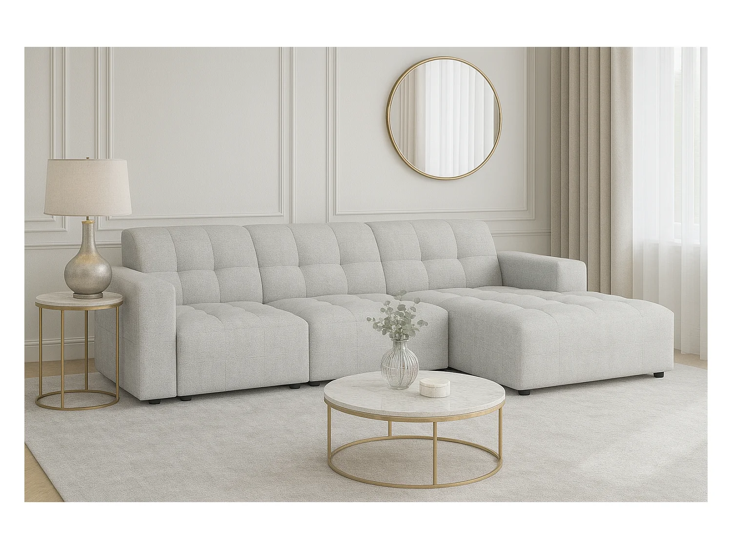 Canapé d’angle Bergamo A– angle droit, tissu Raven 6 gris clair, 284×166×70 cm