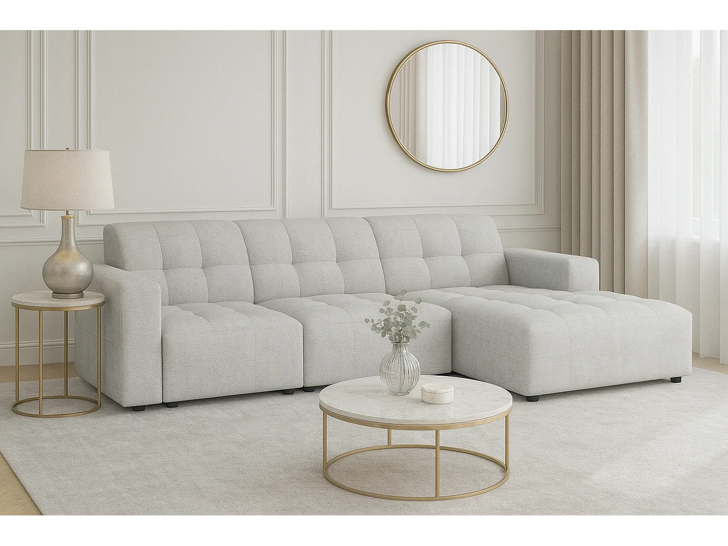 Canapé d’angle Bergamo A– angle droit, tissu Raven 6 gris clair, 284×166×70 cm