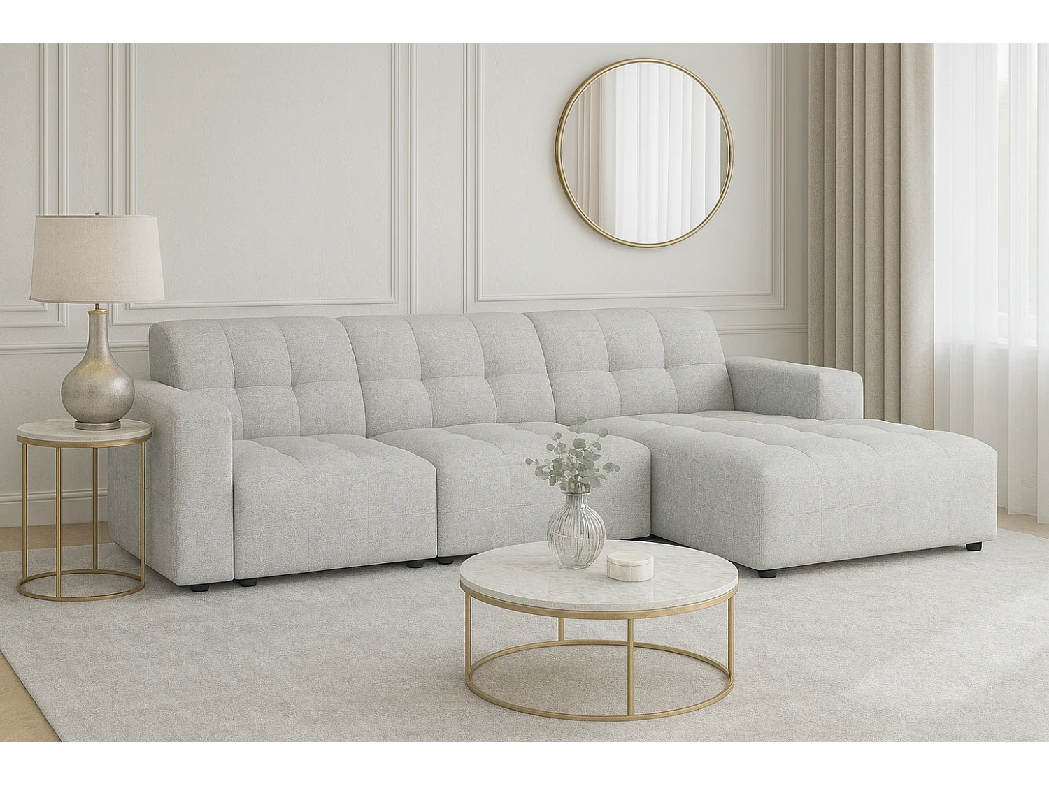 Hoekbank rechts Bergamo A  – stof Raven 6 lichtgrijs, 284×166×70 cm