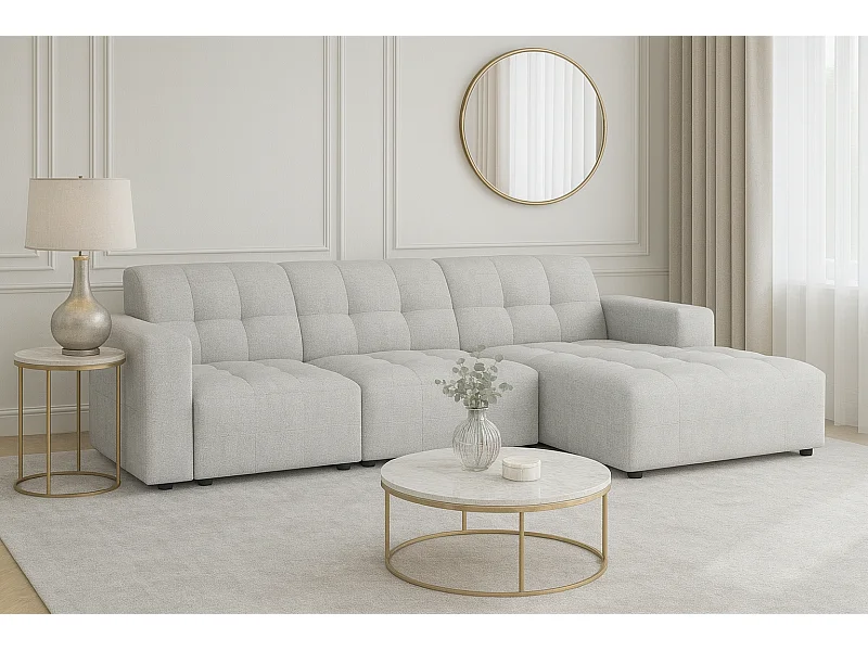 Canapé d’angle Bergamo A– angle droit, tissu Raven 6 gris clair, 284×166×70 cm