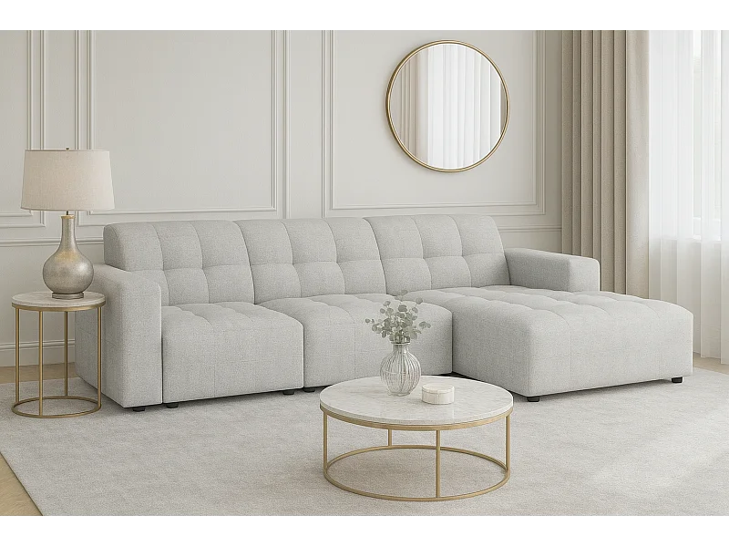 Canapé d’angle Bergamo A– angle droit, tissu Raven 6 gris clair, 284×166×70 cm