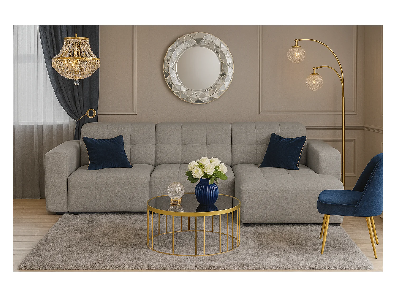 Narożnik  prawostronny  Bergamo A – tkanina Raven 7 szara, 284×166×70 cm