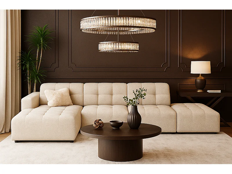 Hoekbank links met poef Bergamo B– stof Raven   24 crème, 341×166×70 cm