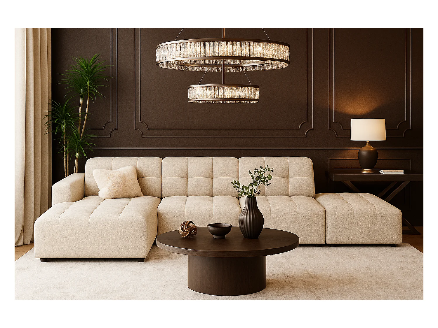 Hoekbank links met poef Bergamo B– stof Raven   24 crème, 341×166×70 cm