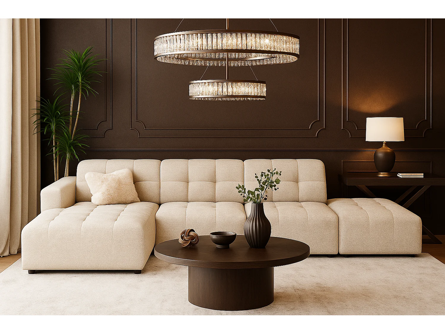 Canapé d’angle gauche avec pouf Bergamo B– tissu Raven 24 crème, 341×166×70 cm