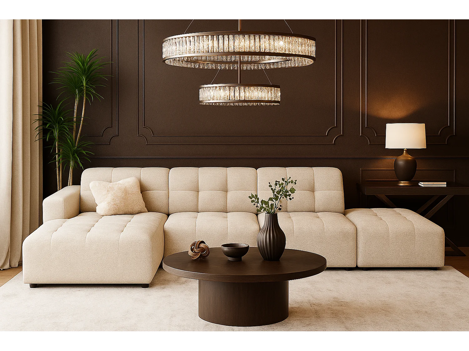 Canapé d’angle gauche avec pouf Bergamo B– tissu Raven 24 crème, 341×166×70 cm