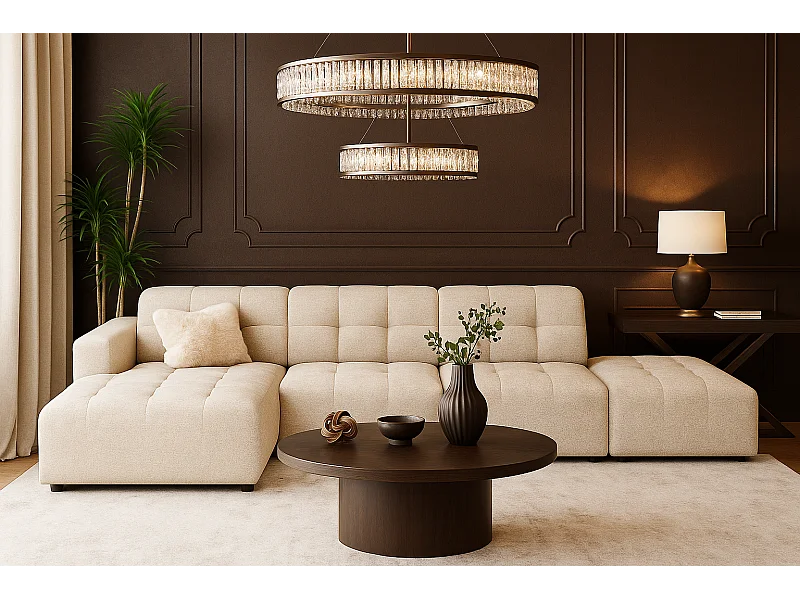 Canapé d’angle gauche avec pouf Bergamo B– tissu Raven 24 crème, 341×166×70 cm