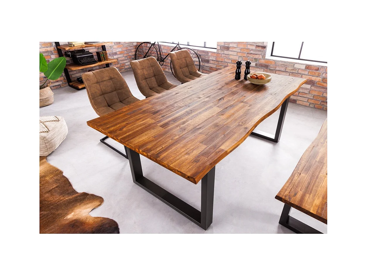 Table de salle à manger NALKO 160 cm – Plateau en bois d'acacia huilé et structure en métal noir – Style industriel et naturel