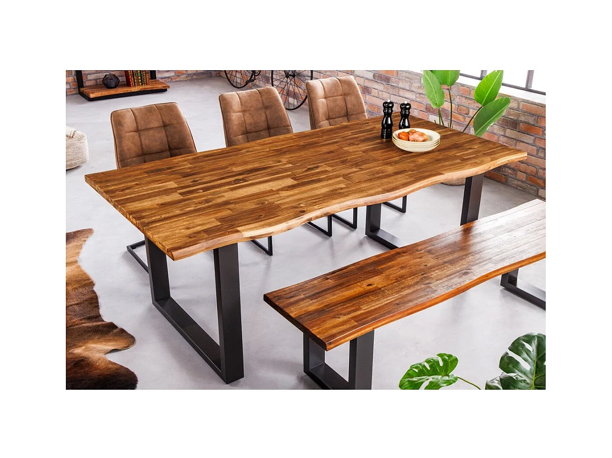Table de salle à manger NALKO 160 cm – Plateau en bois d'acacia huilé et structure en métal noir – Style industriel et naturel