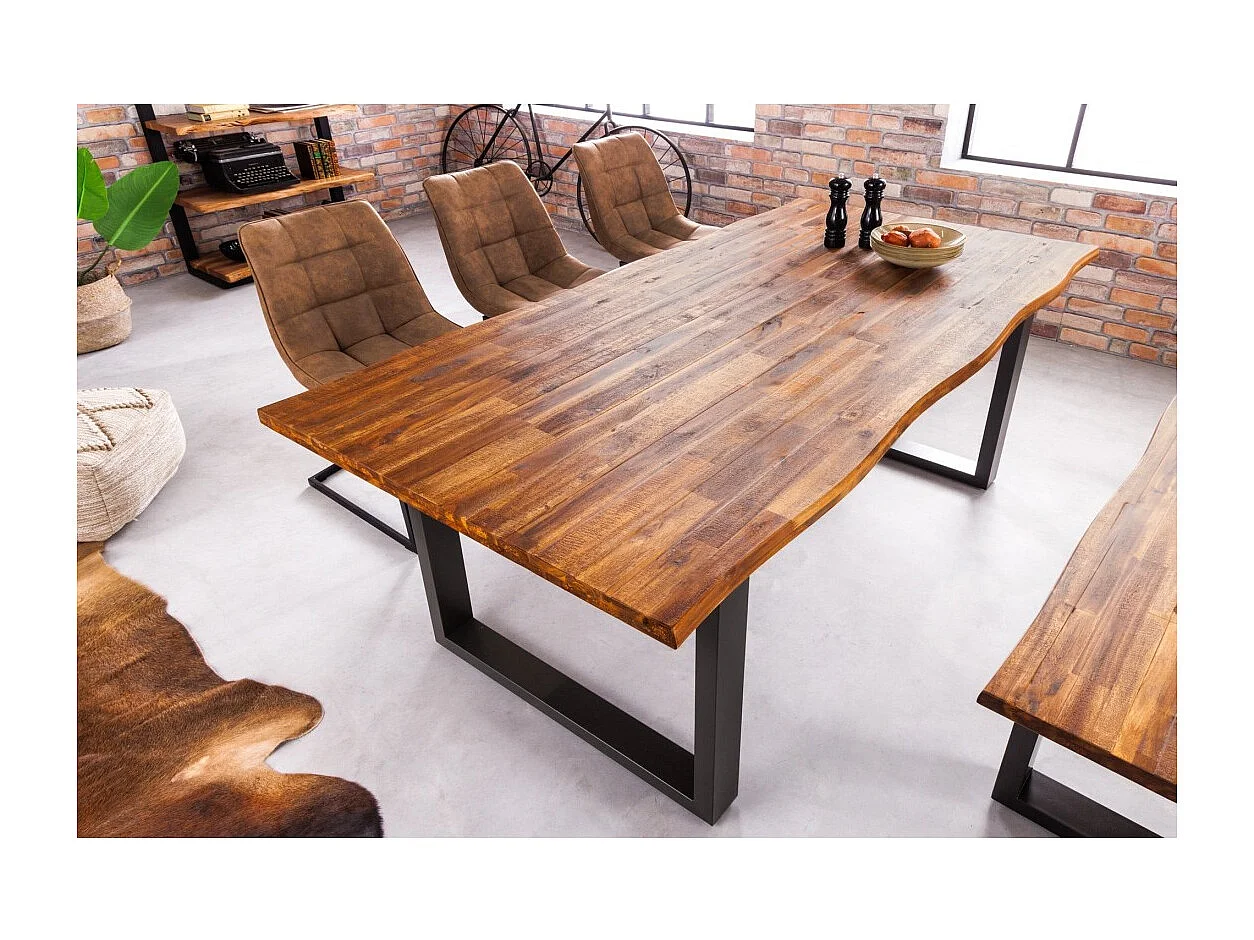Table de salle à manger NALKO 160 cm – Plateau en bois d'acacia huilé et structure en métal noir – Style industriel et naturel