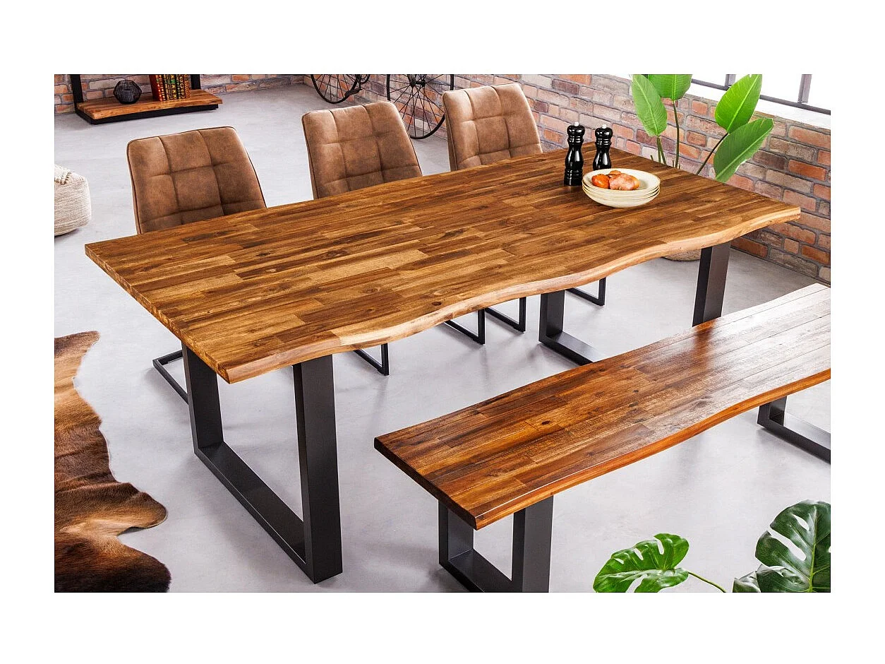 Table de salle à manger NALKO 160 cm – Plateau en bois d'acacia huilé et structure en métal noir – Style industriel et naturel