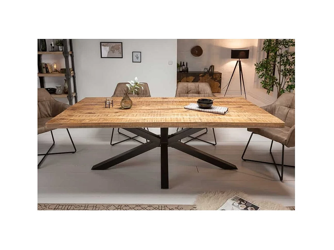 Table SOLARA 160 cm – Plateau en bois de manguier verni et structure en métal noir – Design industriel et charme unique