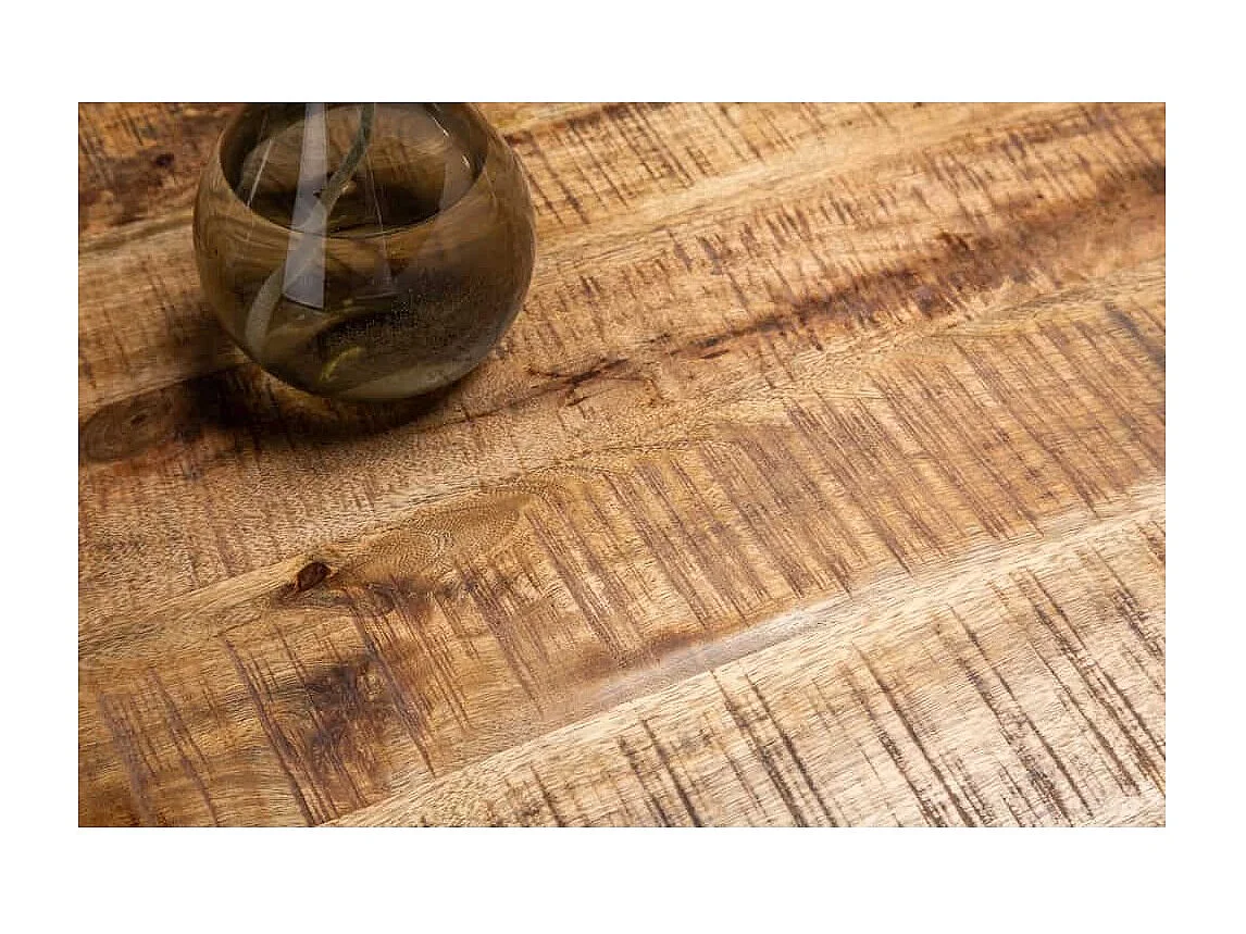 Table SOLARA 160 cm – Plateau en bois de manguier verni et structure en métal noir – Design industriel et charme unique