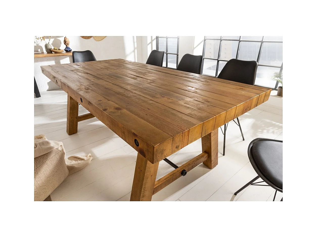 Table de salle à manger RANCHO 165 cm – Plateau en bois de pin recyclé verni – Style rustique et chaleureux