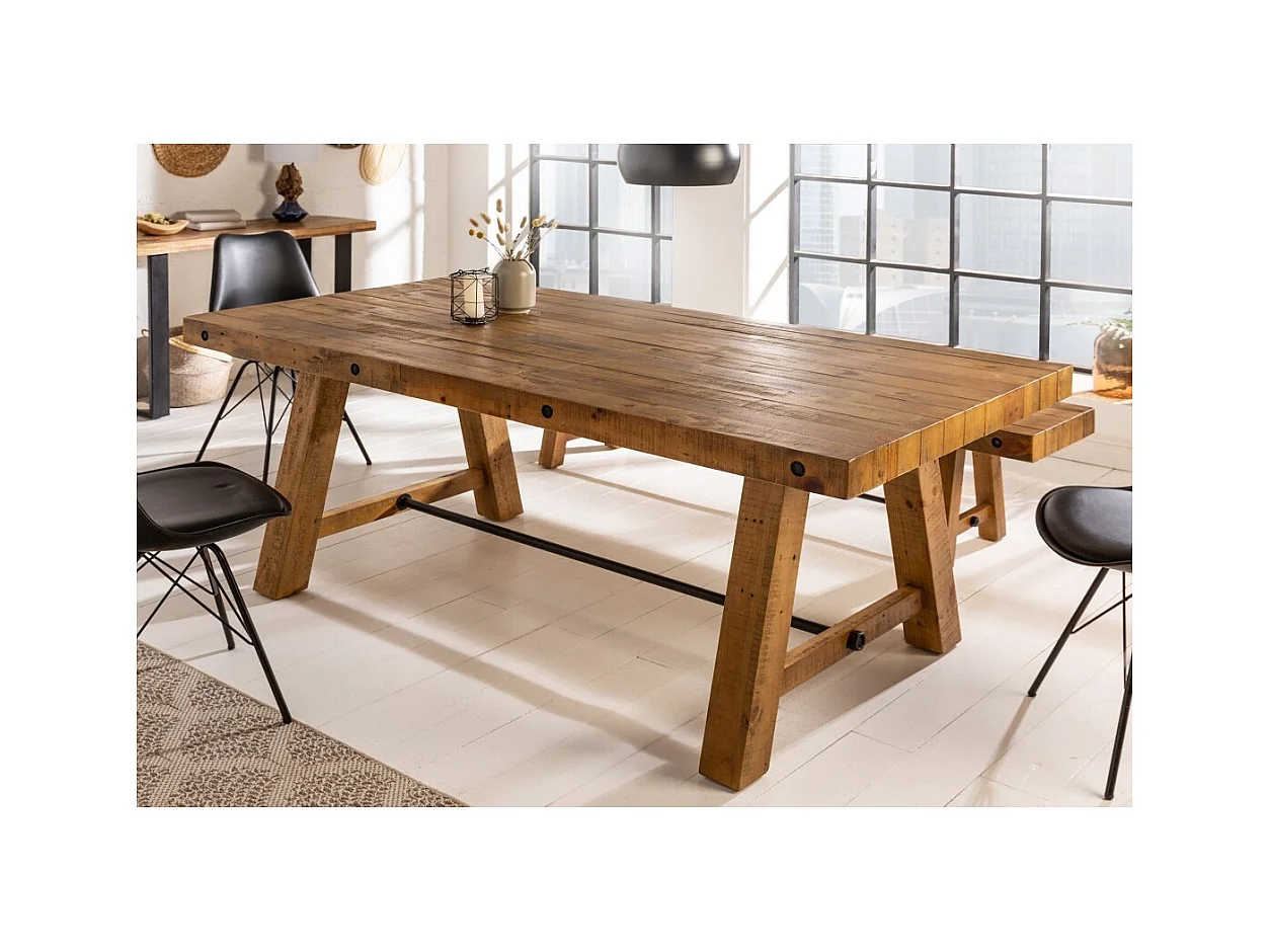 Table de salle à manger RANCHO 165 cm – Plateau en bois de pin recyclé verni – Style rustique et chaleureux