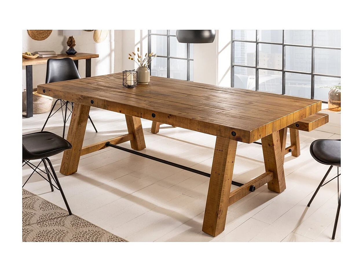 Table de salle à manger RANCHO 165 cm – Plateau en bois de pin recyclé verni – Style rustique et chaleureux