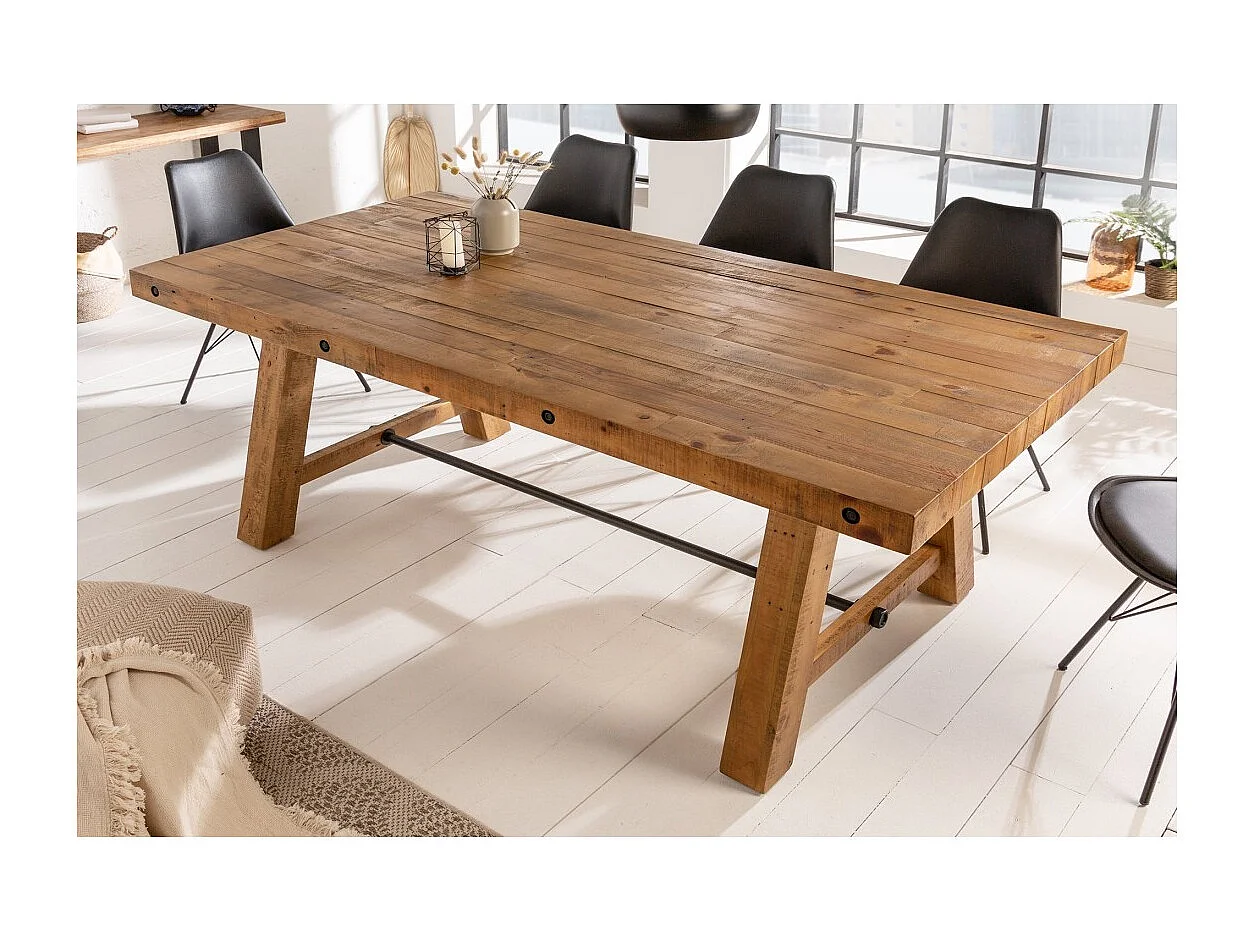 Table de salle à manger RANCHO 165 cm – Plateau en bois de pin recyclé verni – Style rustique et chaleureux