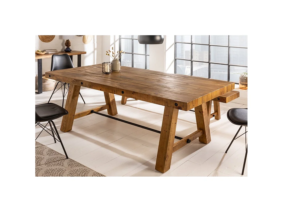 Tavolo da pranzo RANCHO 165 cm – Piano in legno di pino riciclato verniciato – Stile rustico e accogliente
