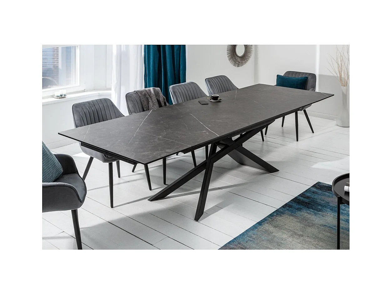 Table de salle à manger STELIX 180–220–260 cm – Plateau en céramique anthracite et verre trempé – Extensible