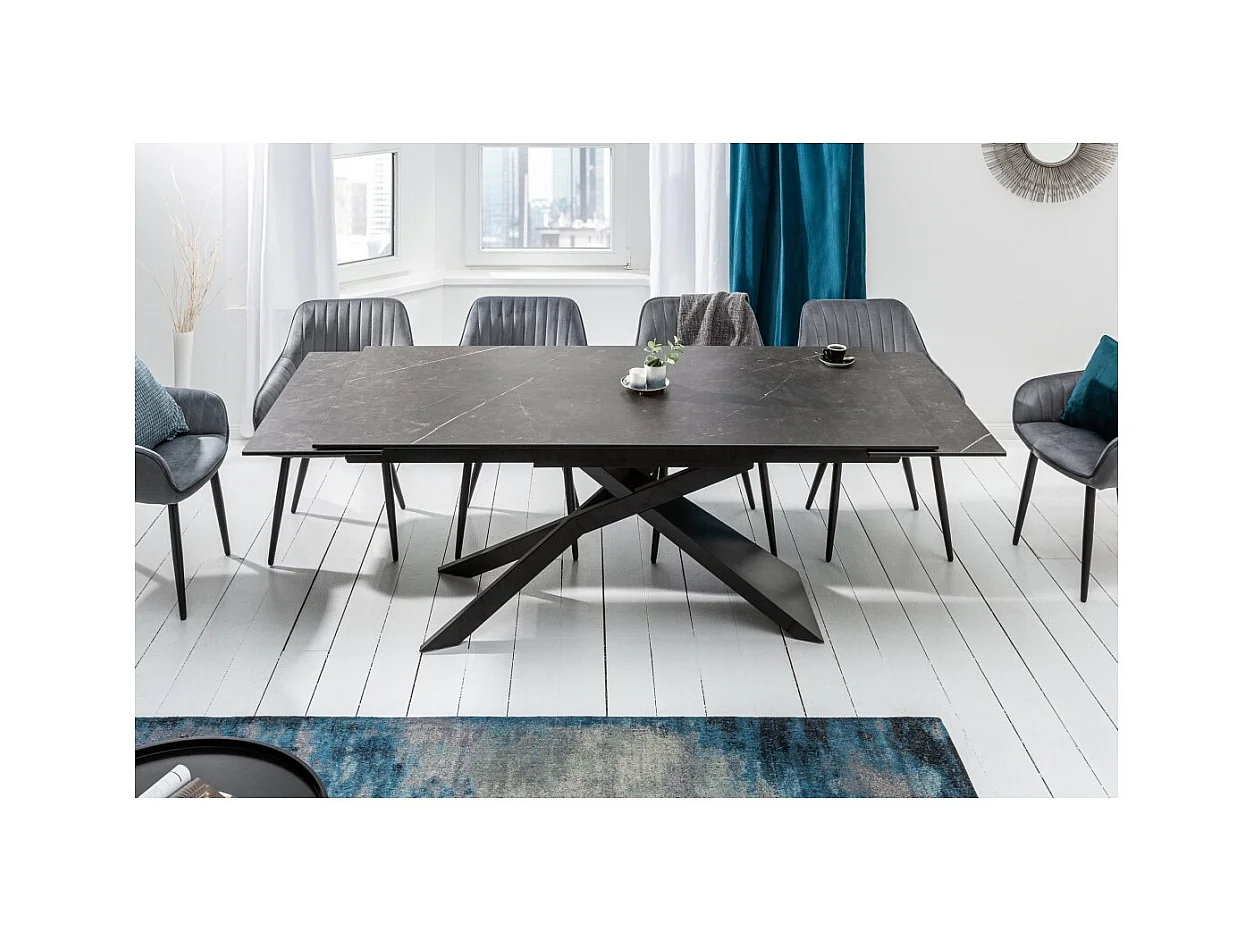 Table de salle à manger STELIX 180–220–260 cm – Plateau en céramique anthracite et verre trempé – Extensible