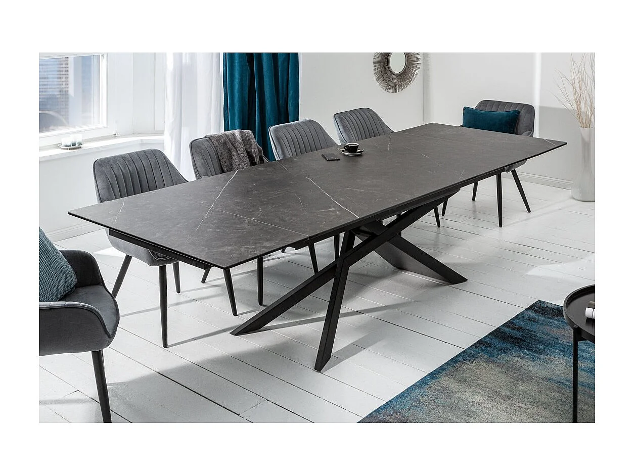 Table de salle à manger STELIX 180–220–260 cm – Plateau en céramique anthracite et verre trempé – Extensible