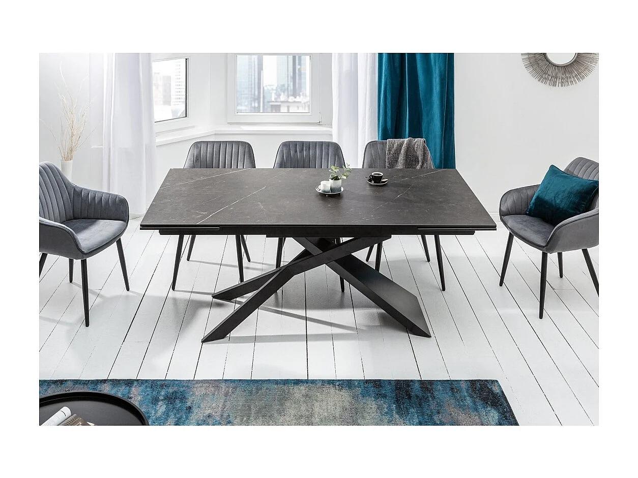 Table de salle à manger STELIX 180–220–260 cm – Plateau en céramique anthracite et verre trempé – Extensible