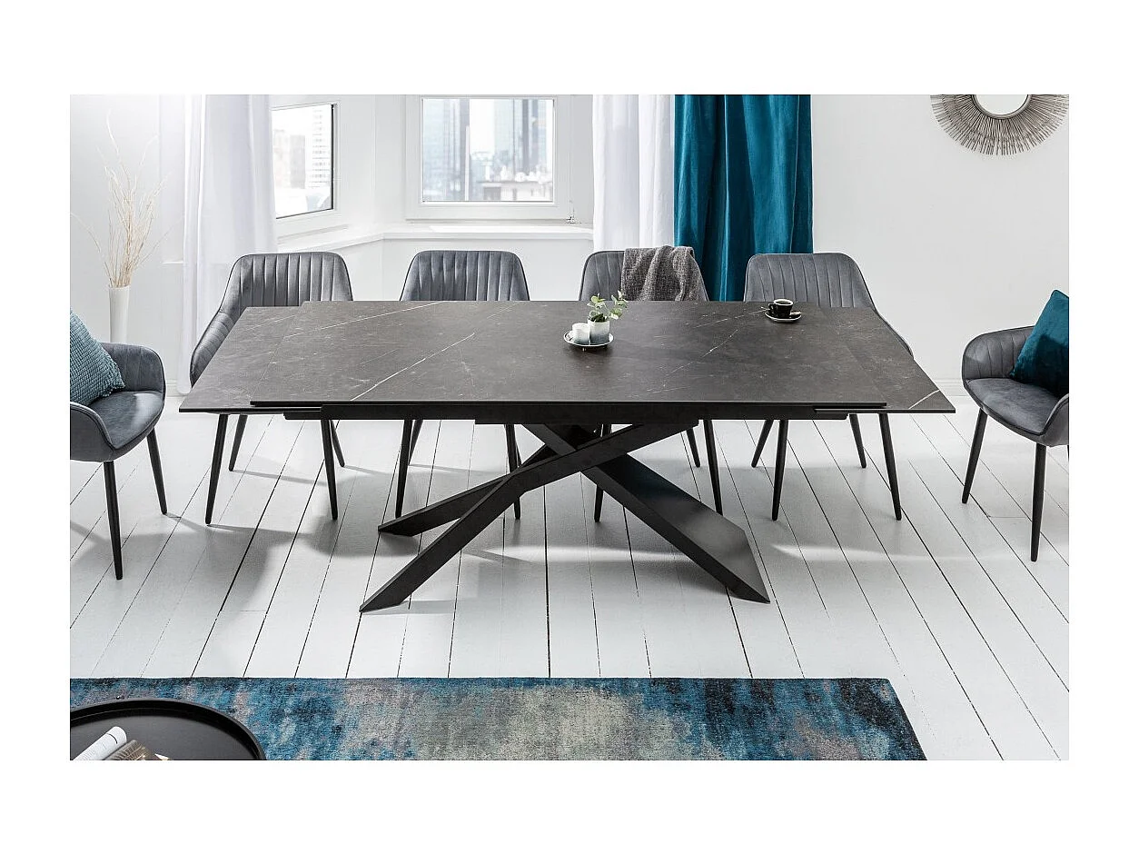 Table de salle à manger STELIX 180–220–260 cm – Plateau en céramique anthracite et verre trempé – Extensible