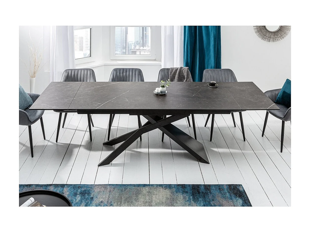Table de salle à manger STELIX 180–220–260 cm – Plateau en céramique anthracite et verre trempé – Extensible