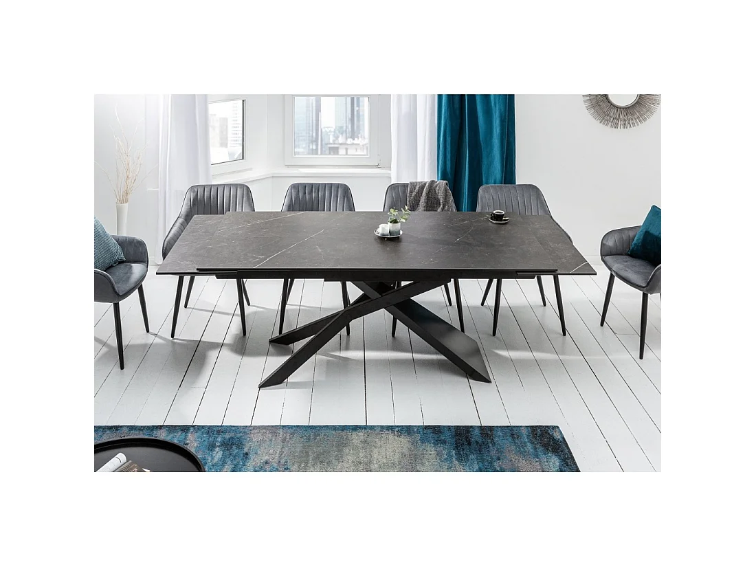 Eettafel STELIX 180–220–260 cm – Blad van antraciet keramiek en gehard glas – Uitschuifbaar