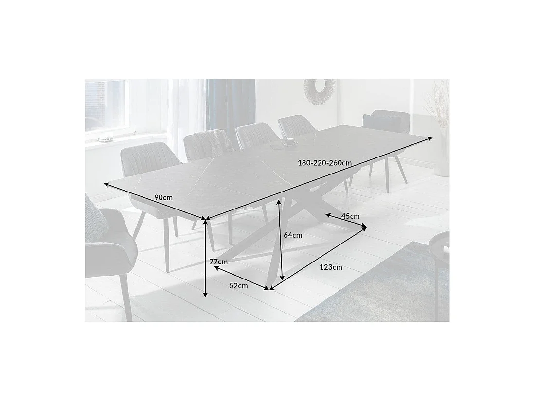 Eettafel STELIX 180–220–260 cm – Blad van antraciet keramiek en gehard glas – Uitschuifbaar