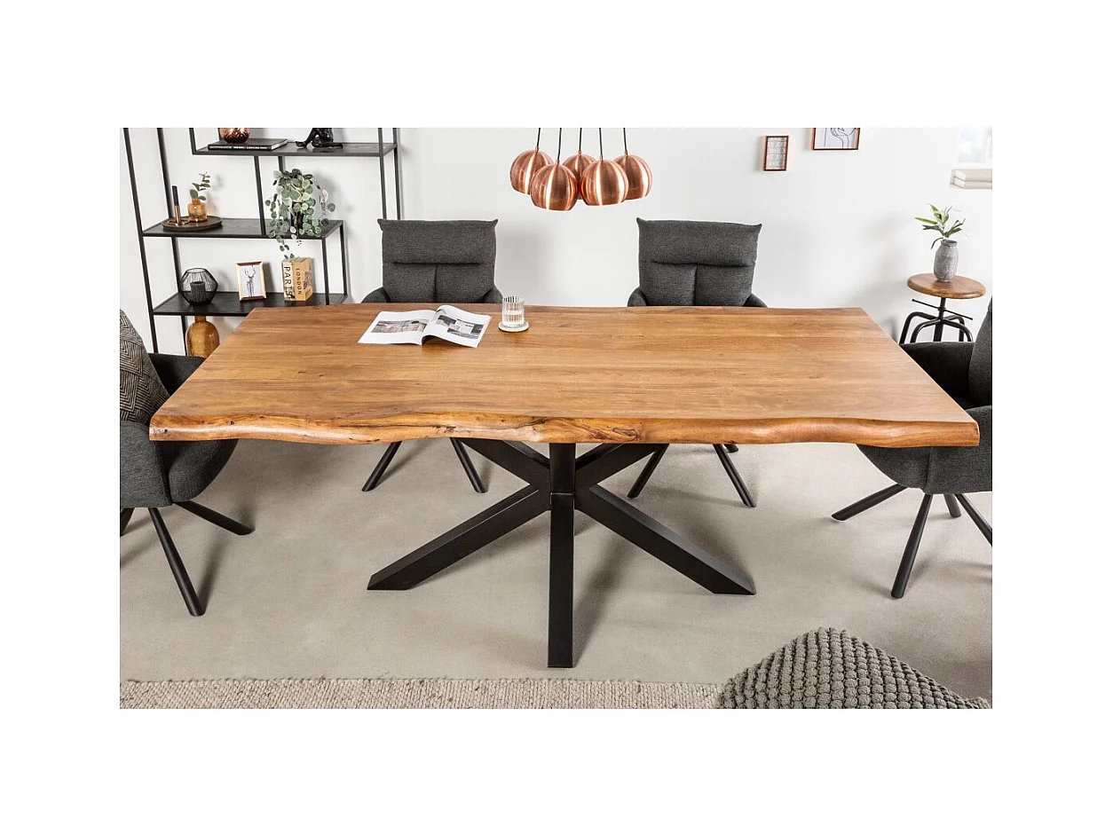 Table ARKAYA 220 cm – Plateau en bois massif d'acacia verni et structure en métal noir – Design industriel et élégant