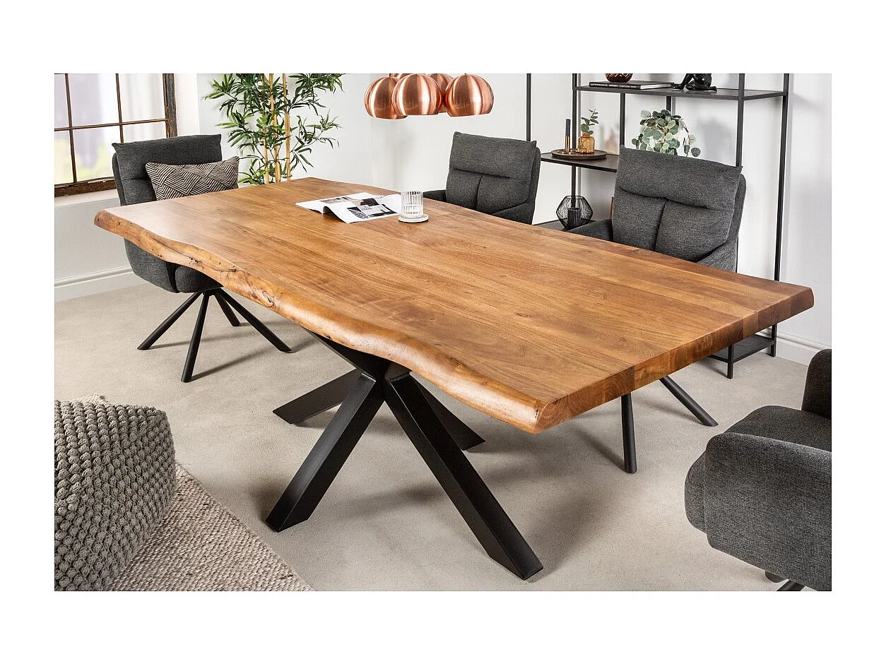 ARKAYA tafel 220 cm – Blad van gelakt massief acaciahout en structuur van zwart metaal – Industrieel en elegant design