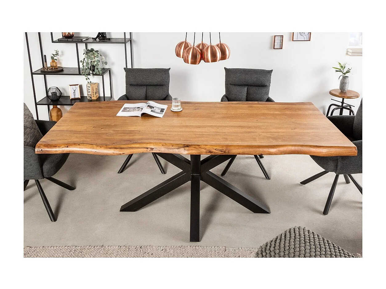 ARKAYA tafel 220 cm – Blad van gelakt massief acaciahout en structuur van zwart metaal – Industrieel en elegant design