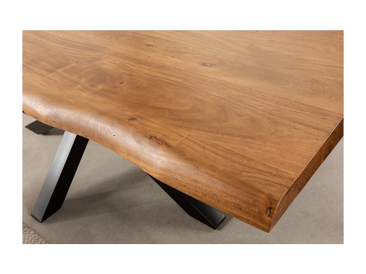 ARKAYA tafel 220 cm – Blad van gelakt massief acaciahout en structuur van zwart metaal – Industrieel en elegant design