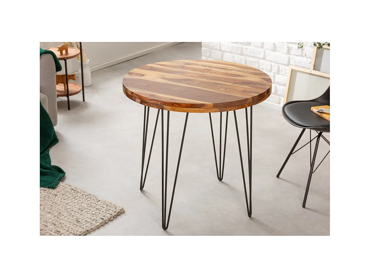 Table de salle à manger ORBO 80 cm – Plateau en bois de Sheesham verni et structure en métal noir – Style industriel
