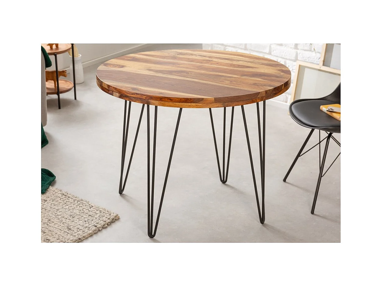 Table de salle à manger ORBO 80 cm – Plateau en bois de Sheesham verni et structure en métal noir – Style industriel
