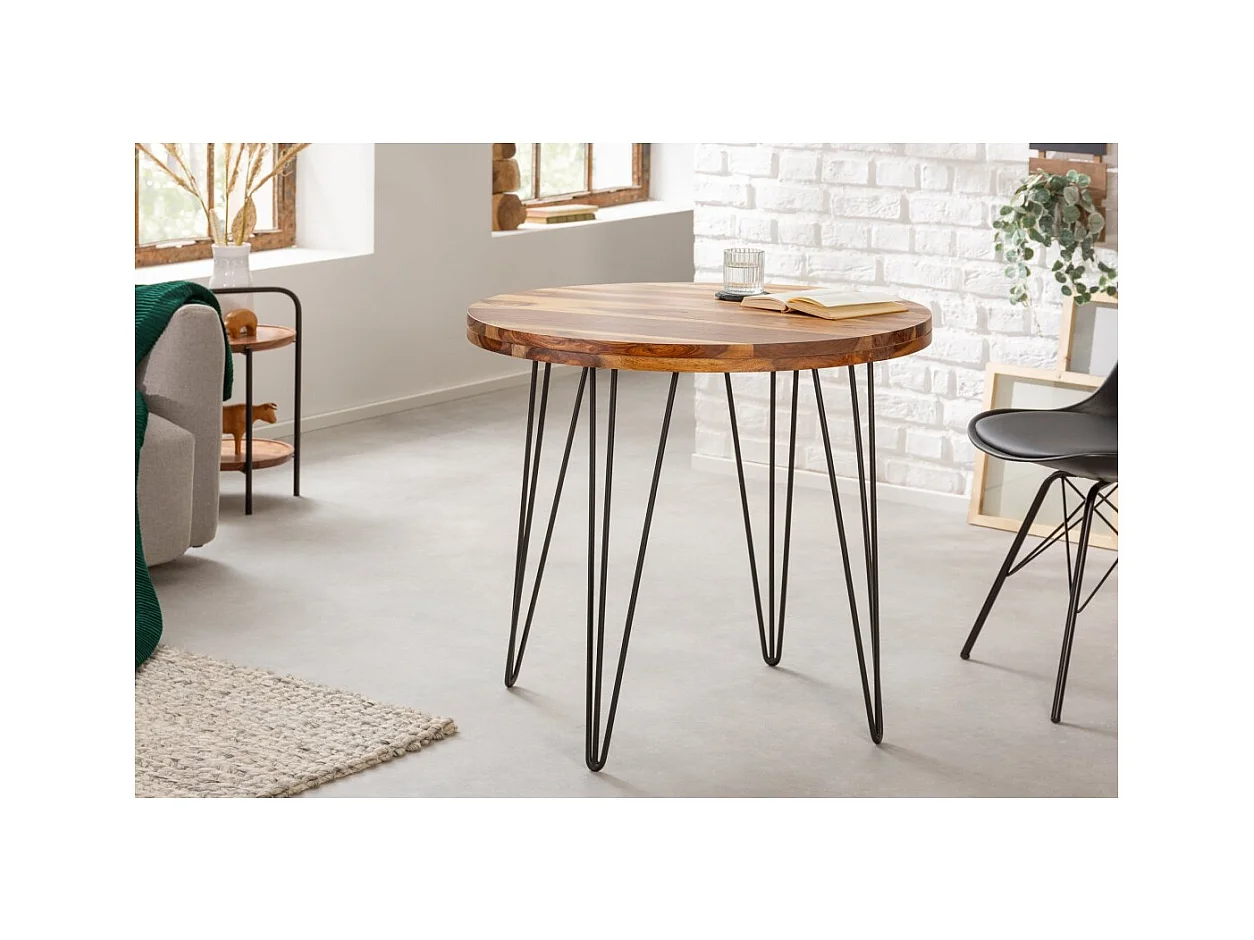 Table de salle à manger ORBO 80 cm – Plateau en bois de Sheesham verni et structure en métal noir – Style industriel