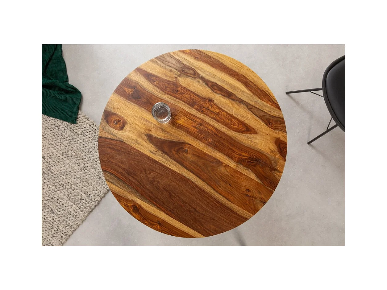 Table de salle à manger ORBO 80 cm – Plateau en bois de Sheesham verni et structure en métal noir – Style industriel