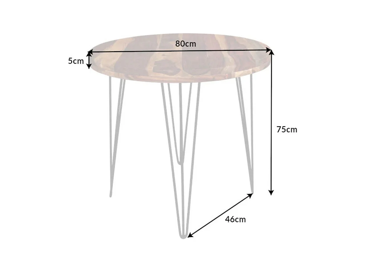Table de salle à manger ORBO 80 cm – Plateau en bois de Sheesham verni et structure en métal noir – Style industriel