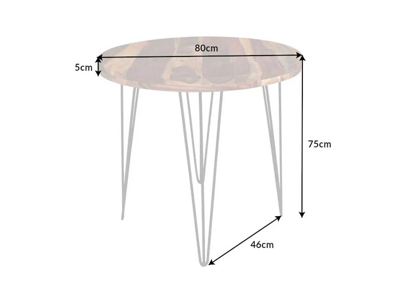 Table de salle à manger ORBO 80 cm – Plateau en bois de Sheesham verni et structure en métal noir – Style industriel