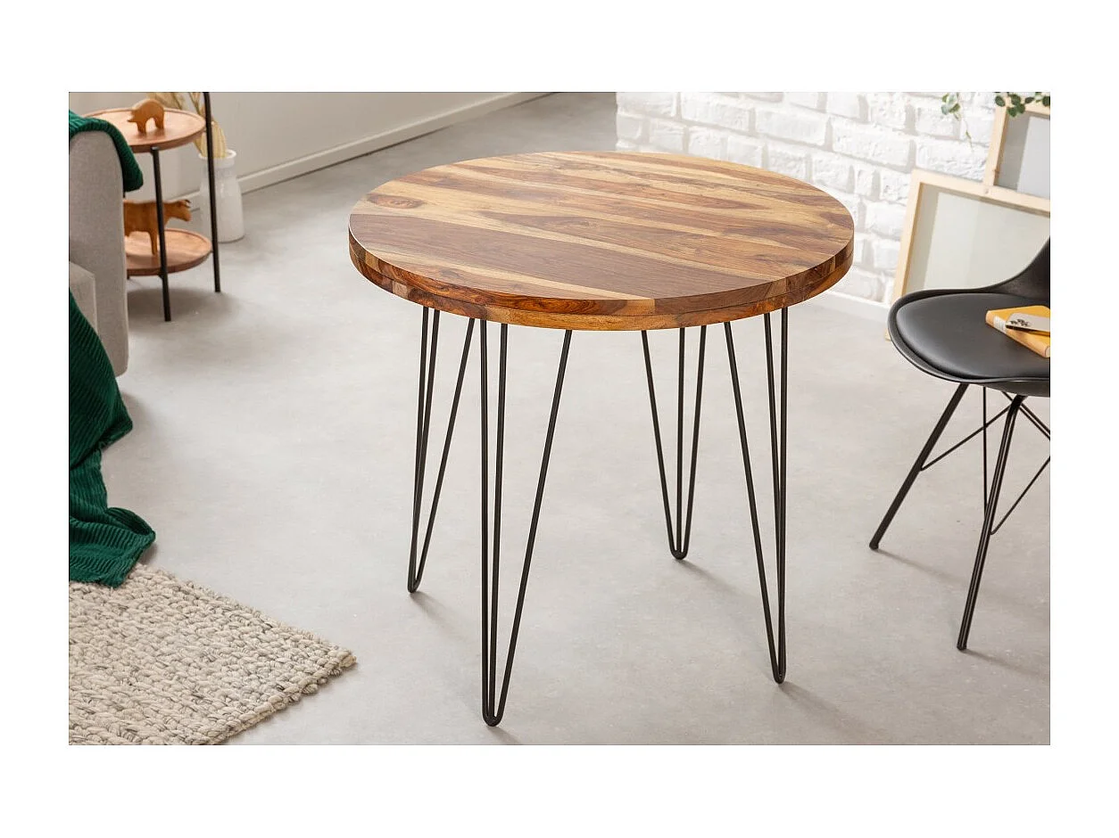 Table de salle à manger ORBO 80 cm – Plateau en bois de Sheesham verni et structure en métal noir – Style industriel