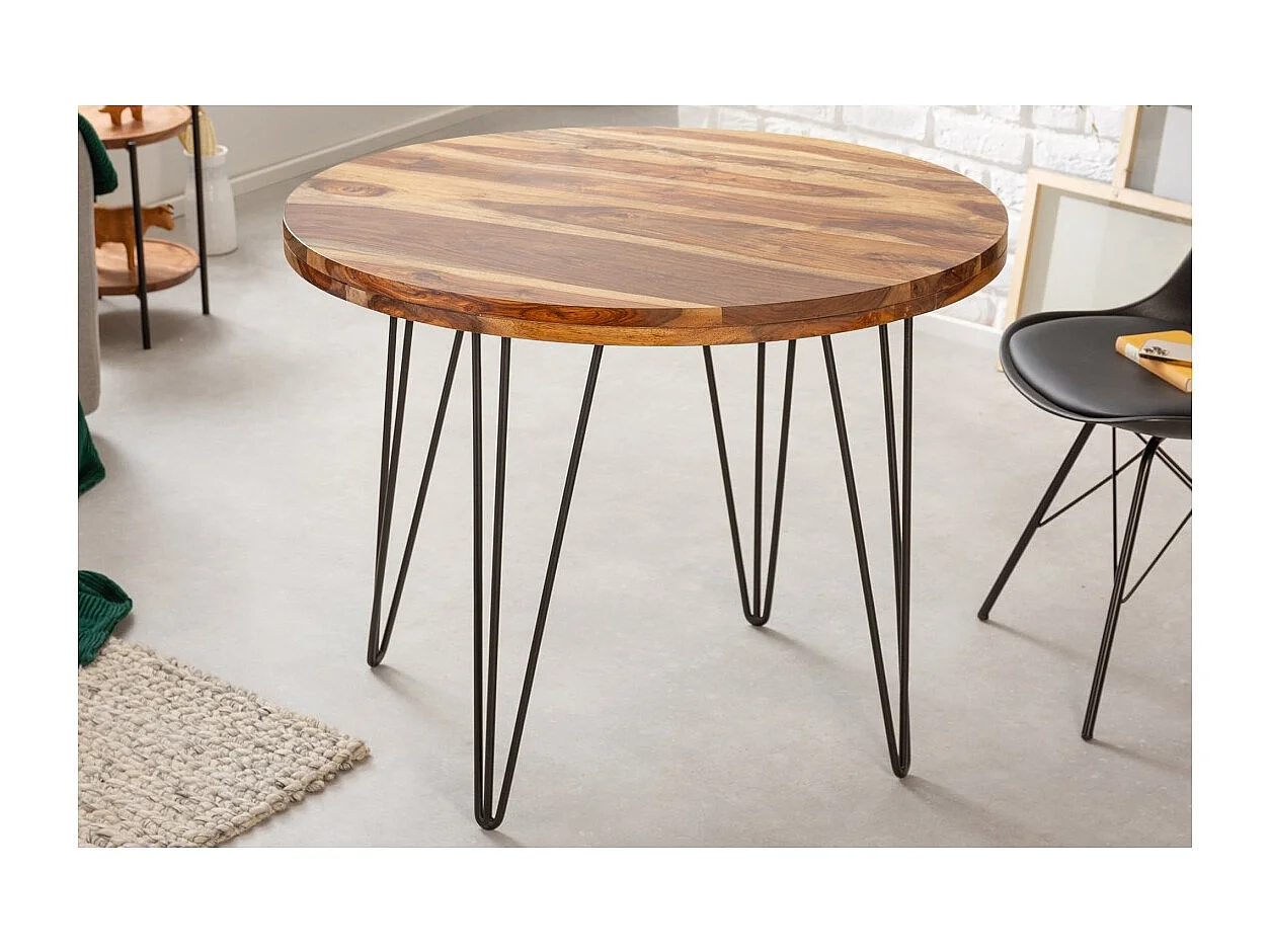 Table de salle à manger ORBO 80 cm – Plateau en bois de Sheesham verni et structure en métal noir – Style industriel