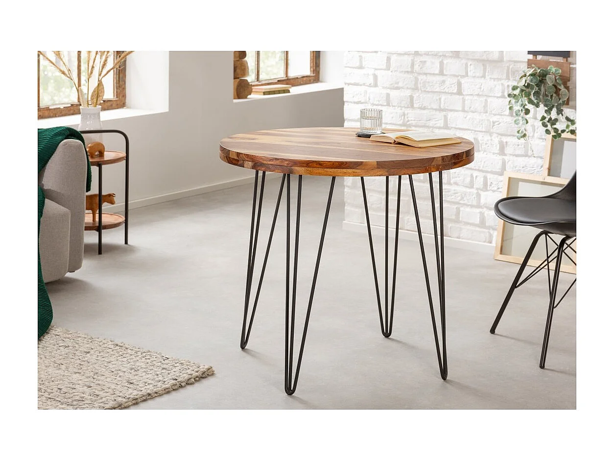 Table de salle à manger ORBO 80 cm – Plateau en bois de Sheesham verni et structure en métal noir – Style industriel