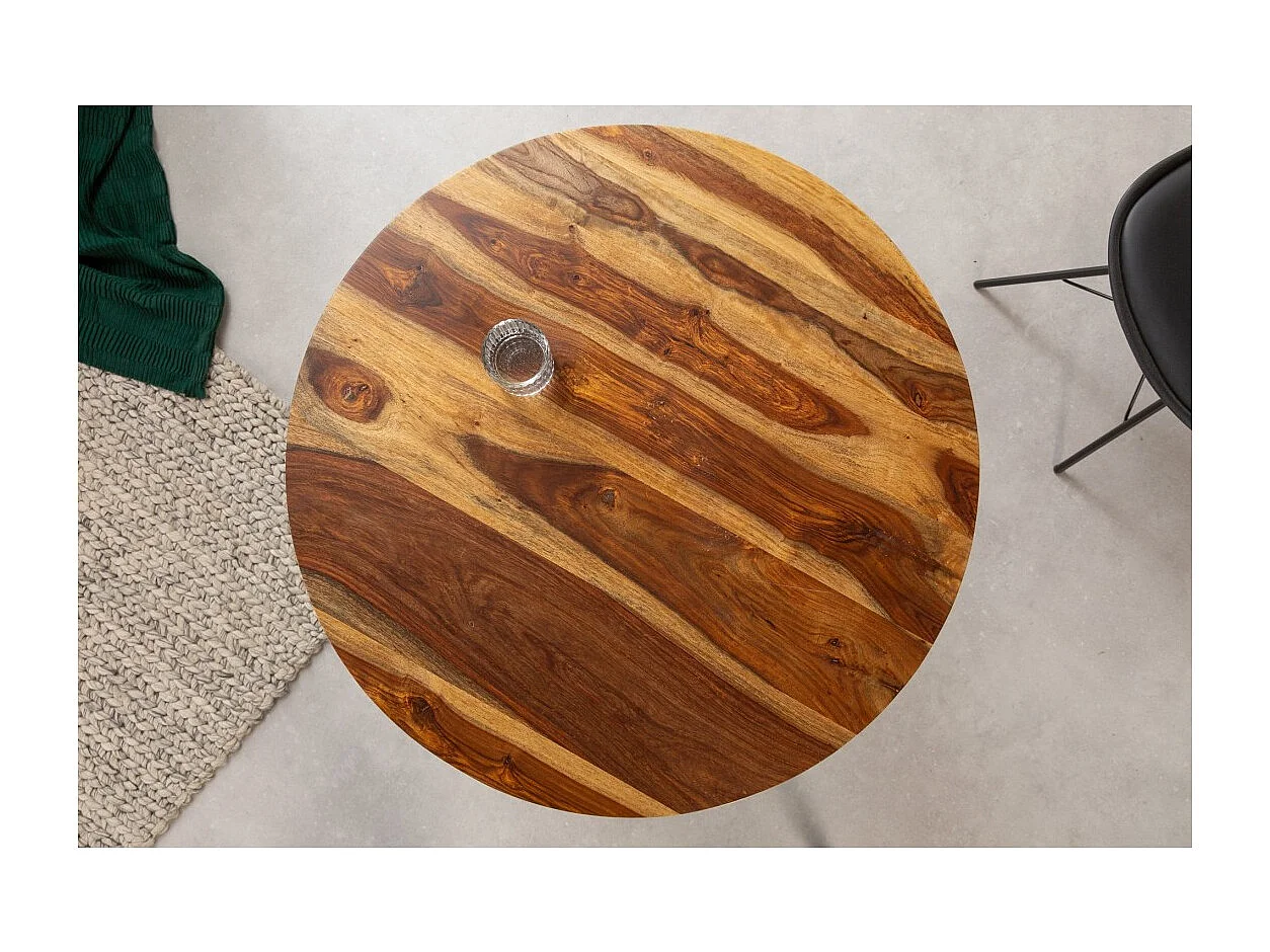 Table de salle à manger ORBO 80 cm – Plateau en bois de Sheesham verni et structure en métal noir – Style industriel