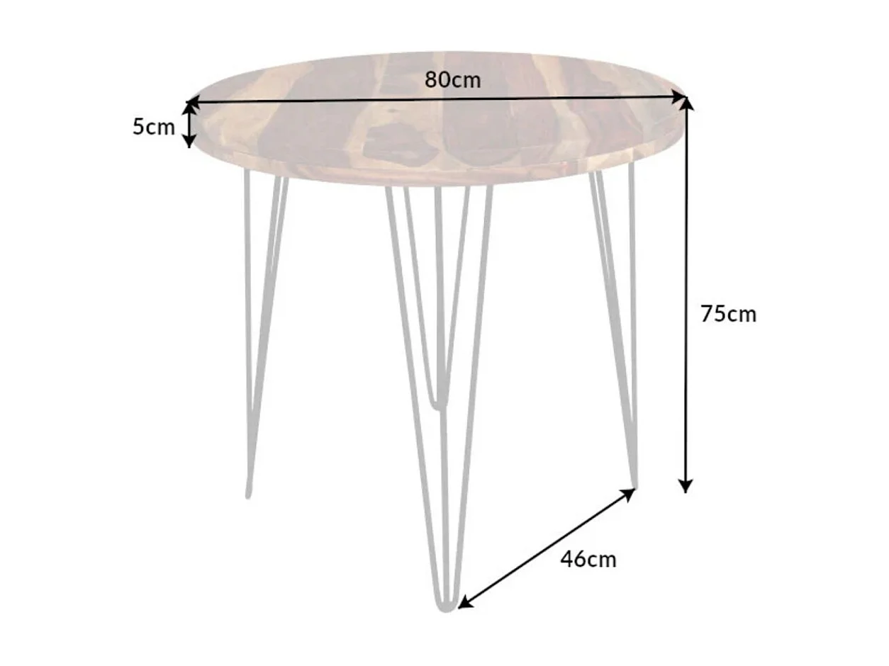 Table de salle à manger ORBO 80 cm – Plateau en bois de Sheesham verni et structure en métal noir – Style industriel